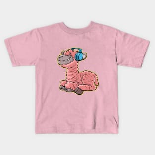 pink llama is listening to good music on headphones Kids T-Shirt